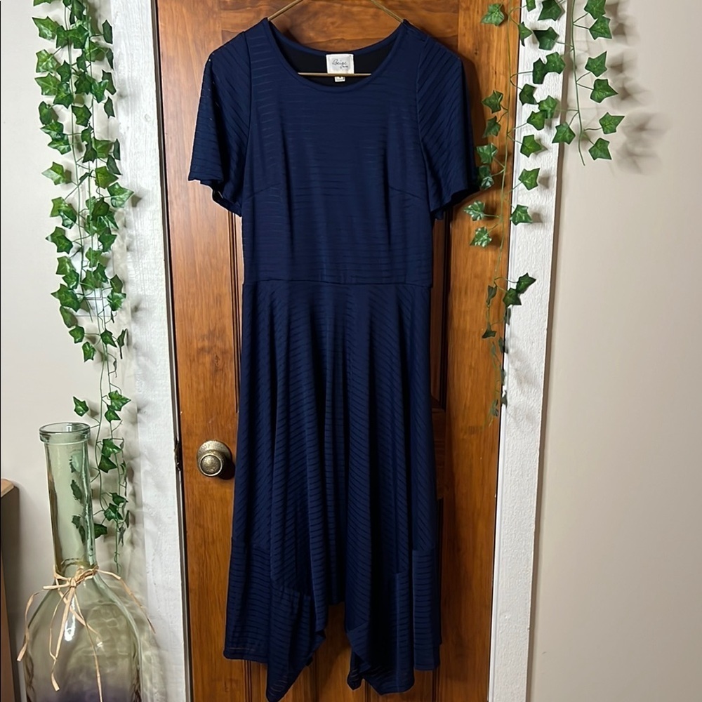 BEIGE by ECI Hankerchief Hem Midi Dress in Navy Blue